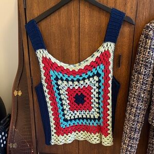 Crochet Square-Front Tank Top in Navy and Multi